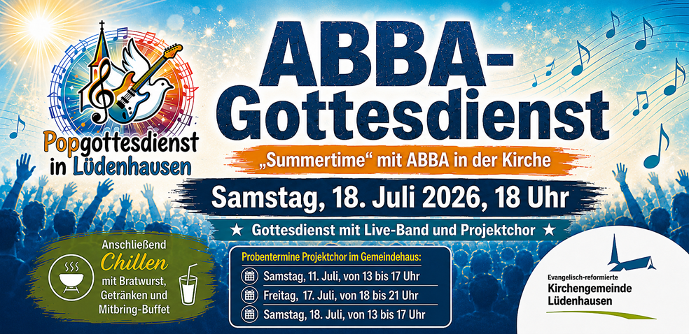 Plakat für einen ABBA-Gottesdienst mit Informationen zu Datum, Uhrzeit und Veranstaltungen.